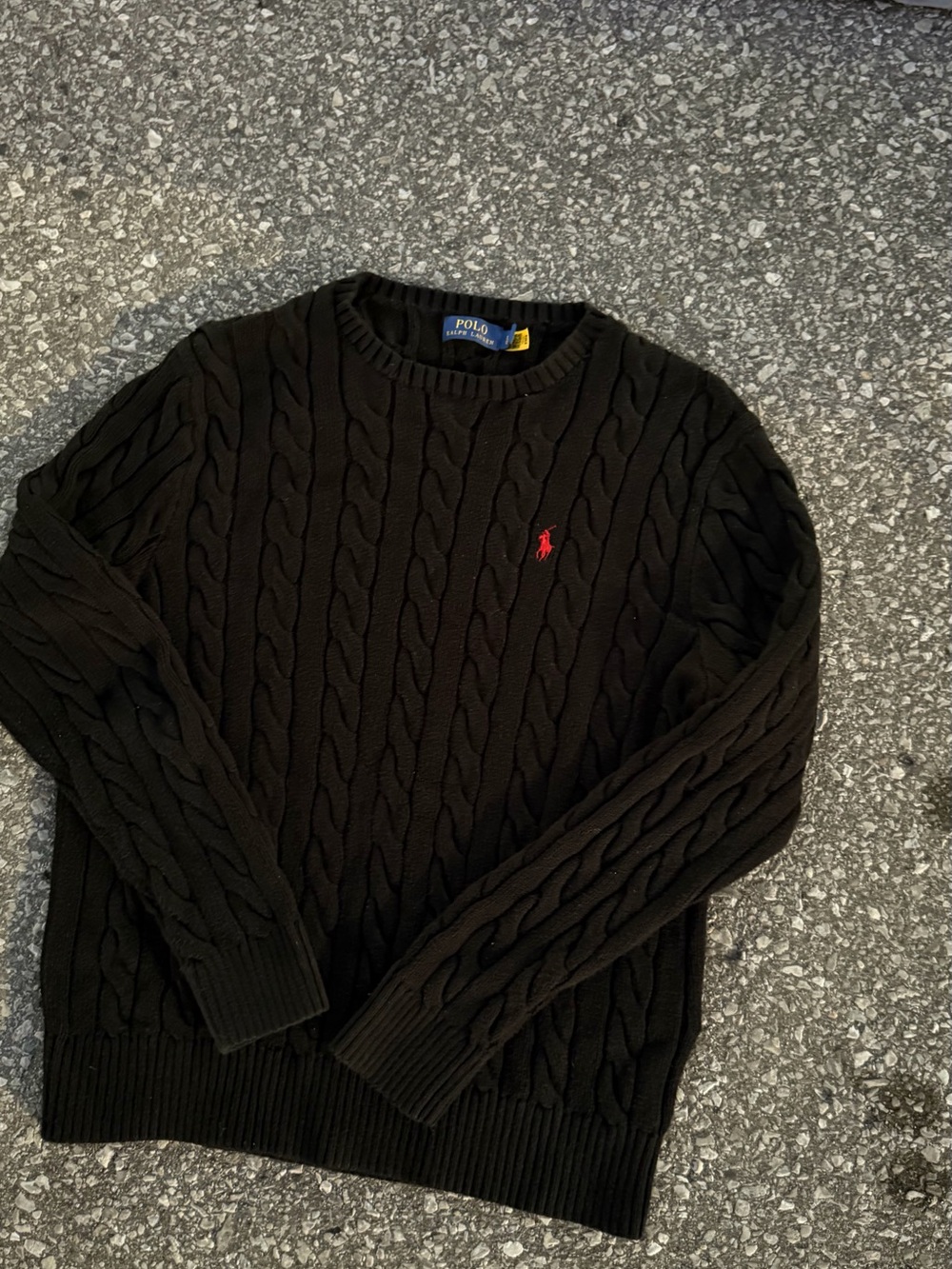 Ralph Lauren Black Cable-Knit Crewneck Sweater with Red Pony Logo